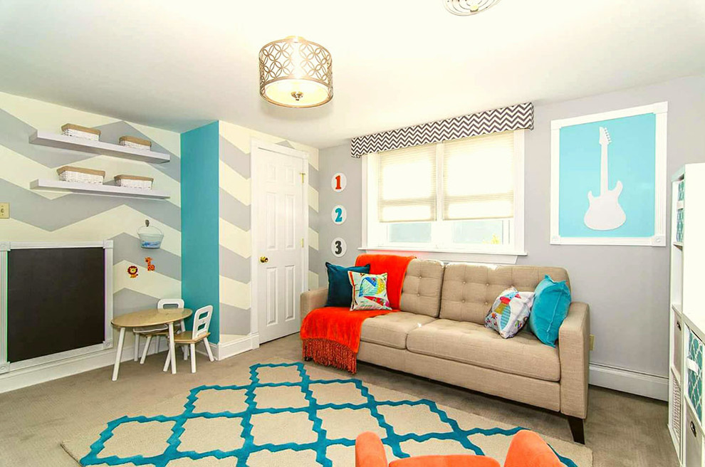 Idée de décoration pour une chambre d'enfant tradition de taille moyenne avec un mur gris et moquette.