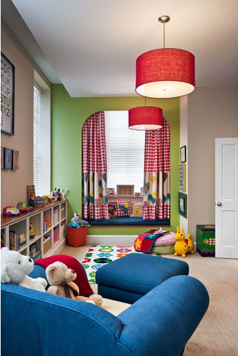 This is an example of a medium sized traditional gender neutral kids' bedroom in Philadelphia with carpet and multi-coloured walls.