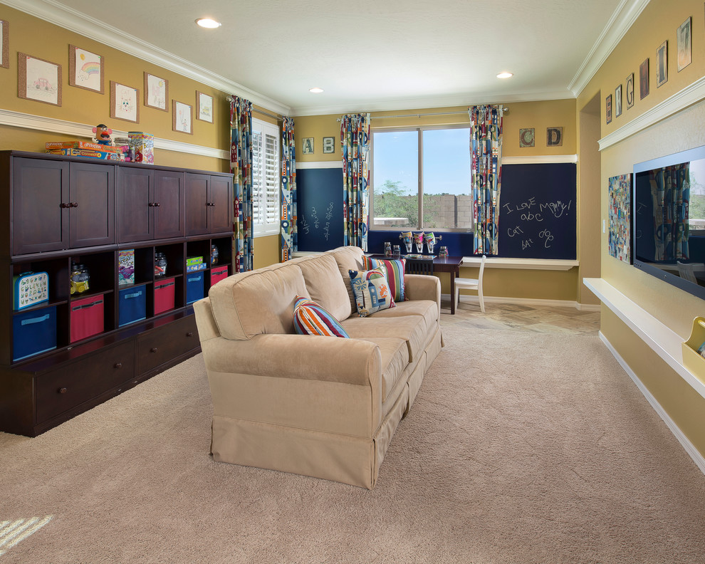 This is an example of a classic gender neutral playroom in Phoenix with carpet and yellow walls.