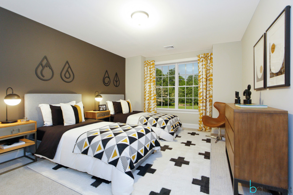 Bild på ett mellanstort funkis könsneutralt tonårsrum kombinerat med sovrum, med svarta väggar, heltäckningsmatta och flerfärgat golv