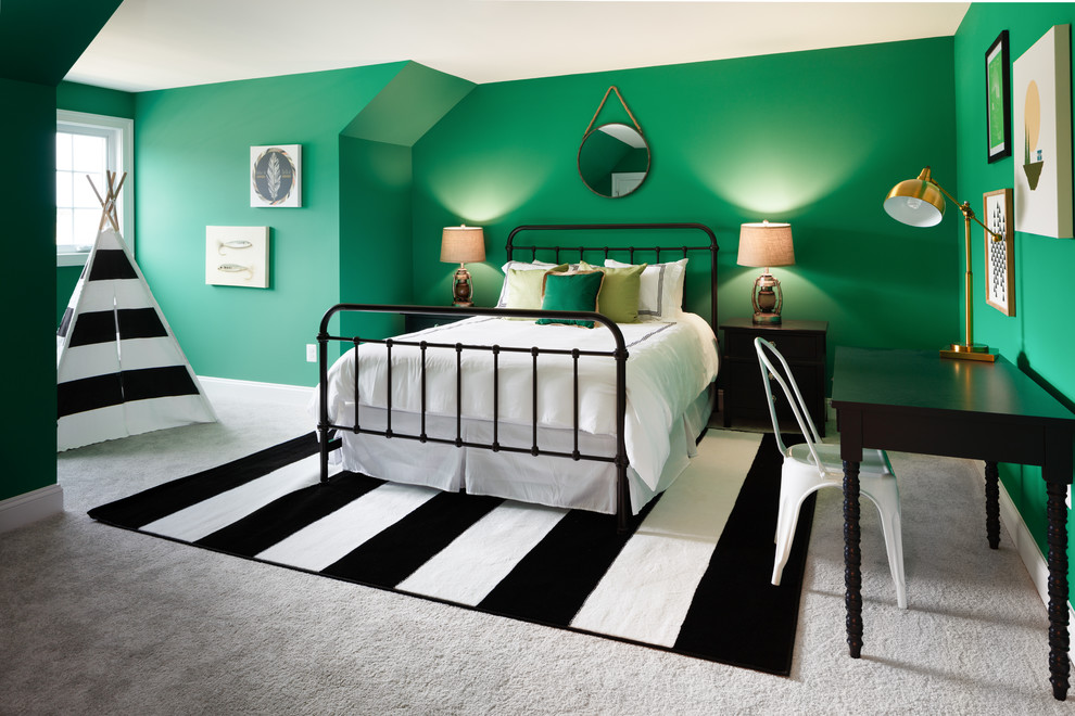 Ejemplo de dormitorio infantil de 4 a 10 años tradicional renovado con paredes verdes, moqueta y suelo gris