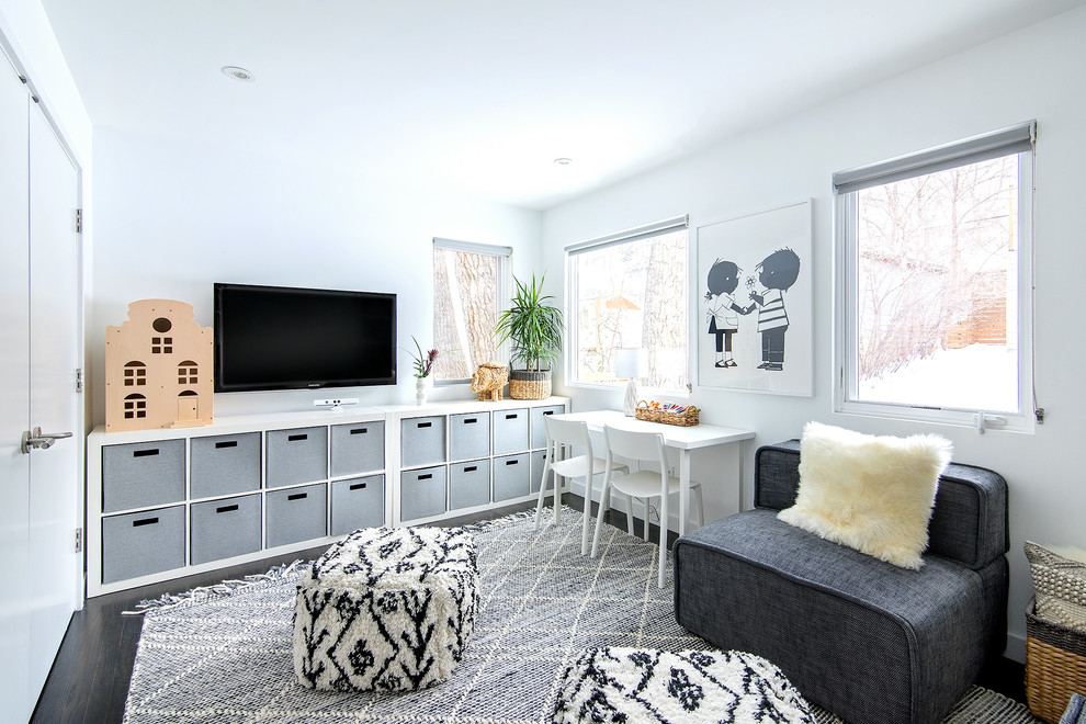 Trendy gray floor kids' study room photo in Denver