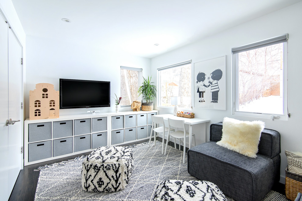 This is an example of a contemporary kids' study space in Denver with grey floors.
