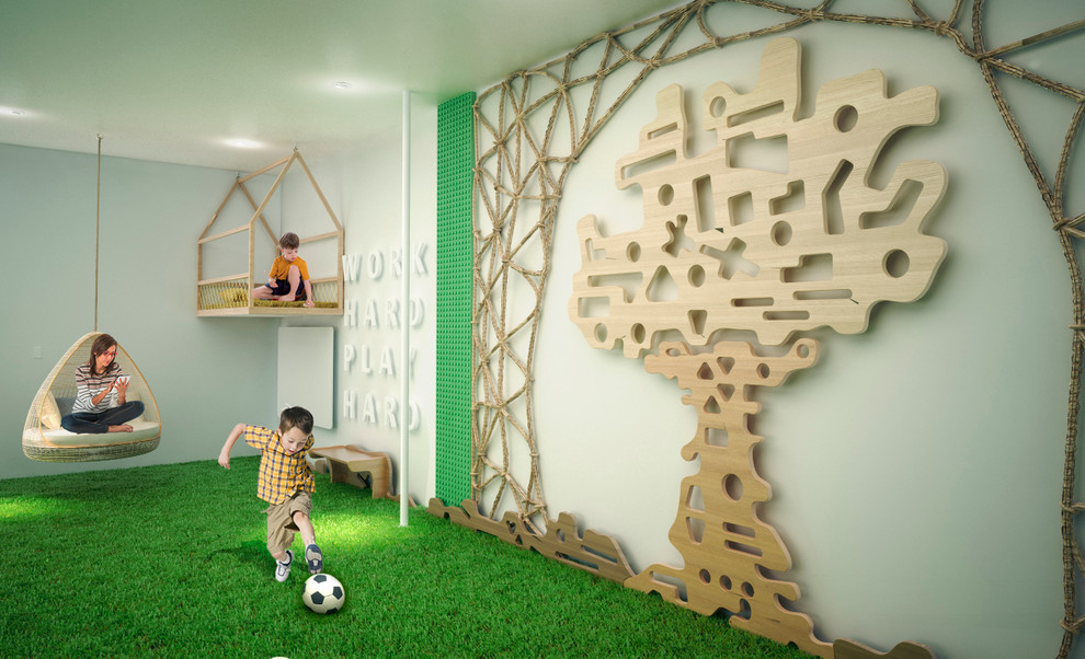 Идея дизайна: большая нейтральная детская с игровой в стиле модернизм с белыми стенами для ребенка от 4 до 10 лет