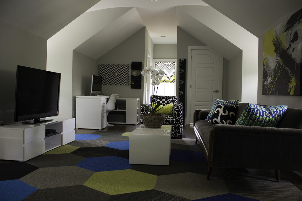 Huge minimalist boy carpeted kids' room photo in Charleston with gray walls
