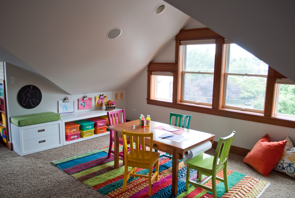 Photo of a large traditional gender neutral kids' bedroom in Seattle with white walls, carpet and beige floors.