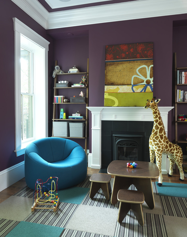 Playroom - contemporary gender-neutral carpeted playroom idea in Boston with purple walls
