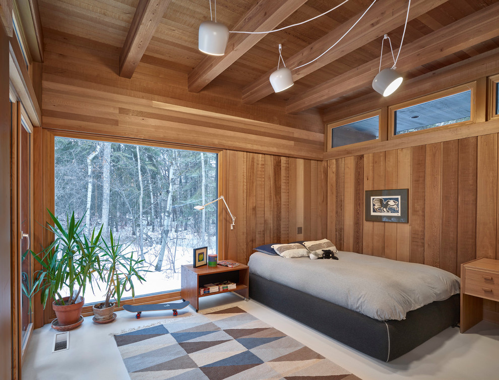 Ejemplo de dormitorio infantil minimalista grande con paredes marrones, suelo de cemento y suelo gris