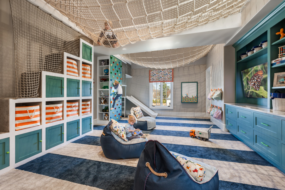 Diseño de dormitorio infantil de 4 a 10 años clásico renovado con paredes grises, moqueta y suelo multicolor