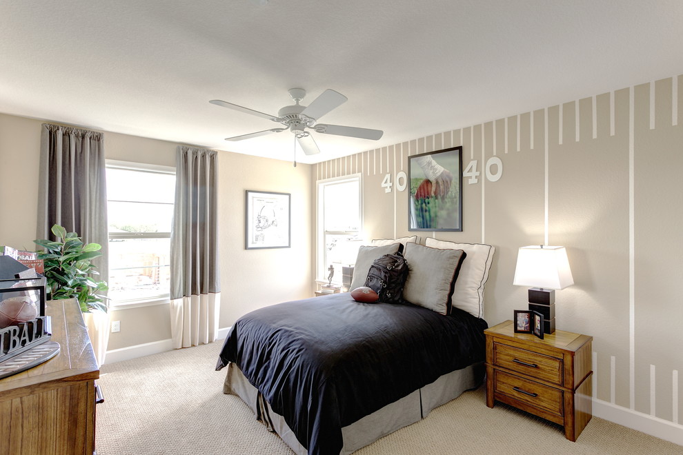 Mid-sized transitional boy carpeted and beige floor kids' room photo in Sacramento with beige walls