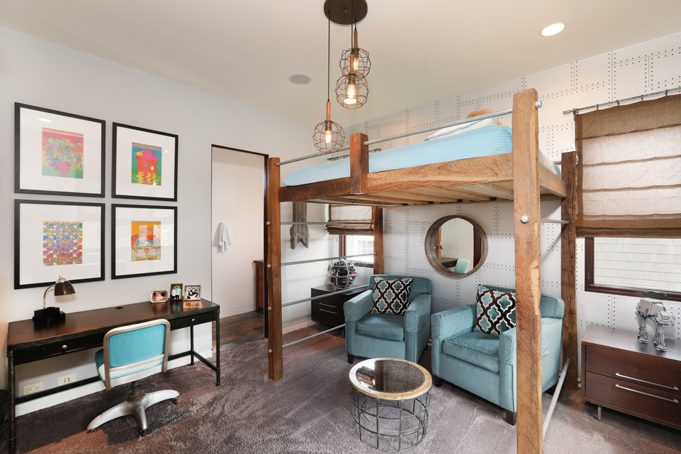 Modernes Jugendzimmer mit Teppichboden, grauem Boden, Schlafplatz und bunten Wänden in Orange County