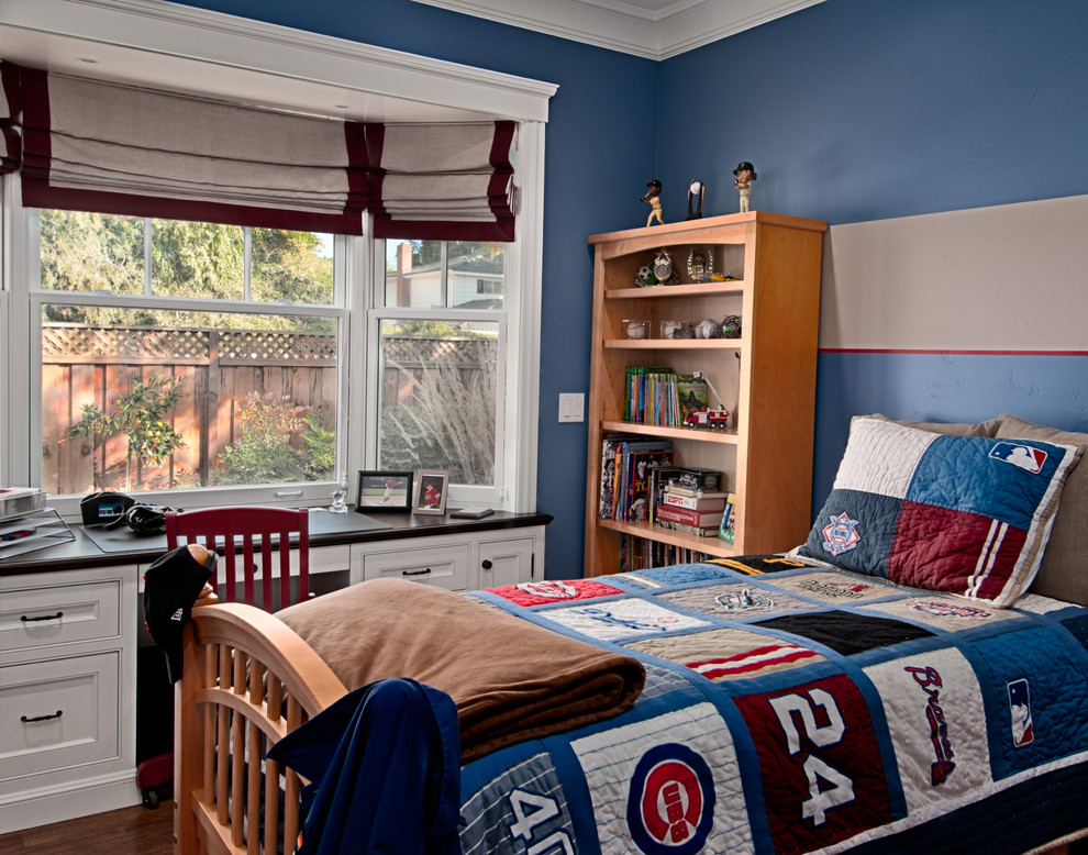 Inspiration for a classic teen’s room for boys in San Francisco with blue walls and dark hardwood flooring.
