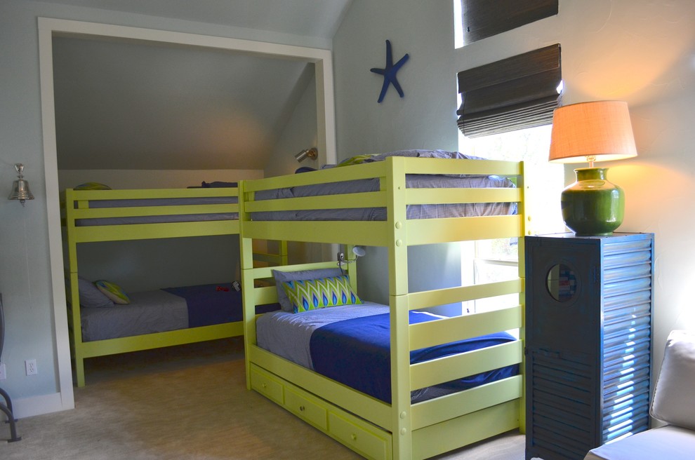 This is an example of a large coastal kids' bedroom for boys in Dallas with grey walls and carpet.