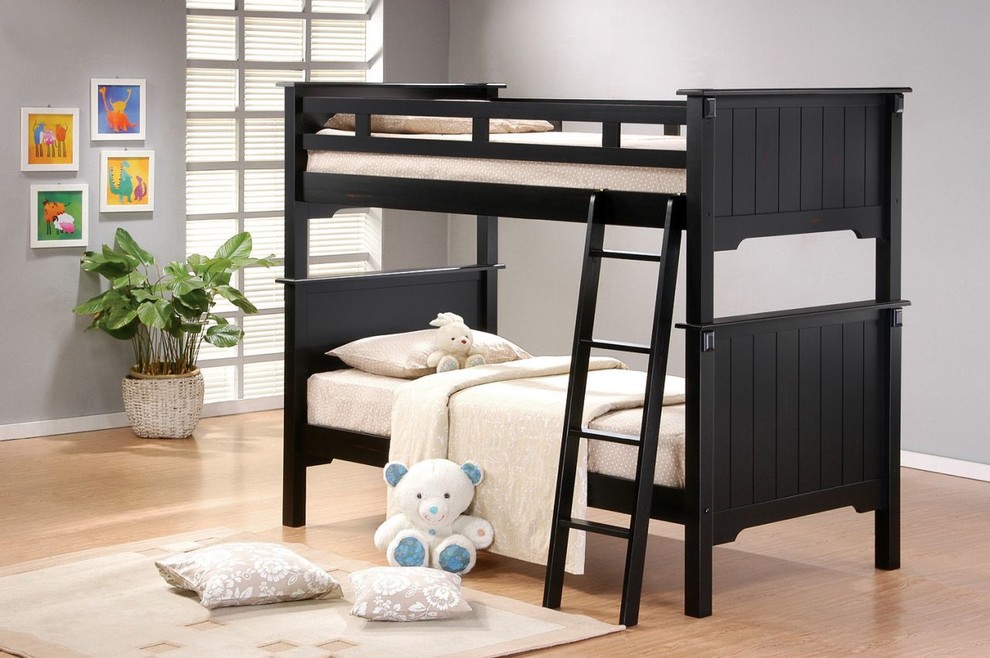 Cette photo montre une petite chambre d'enfant de 4 à 10 ans moderne avec un lit superposé.