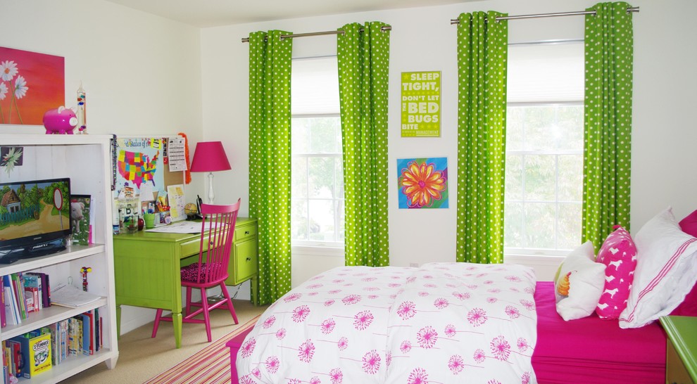 Mid-sized transitional girl carpeted kids' room photo in New York