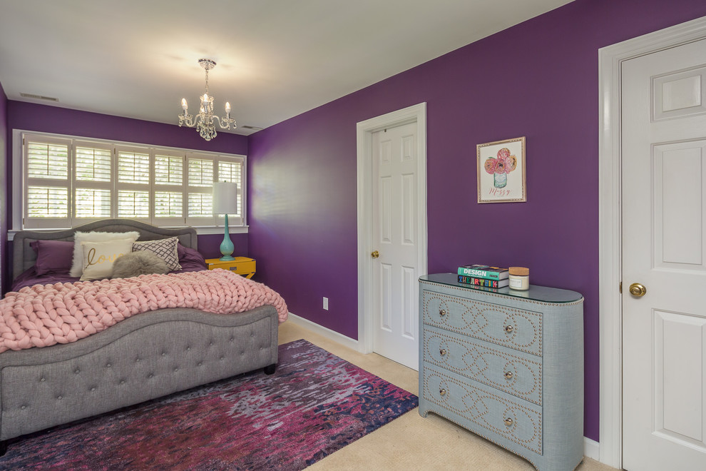 Traditional teen’s room for girls in Raleigh with purple walls, carpet and beige floors.
