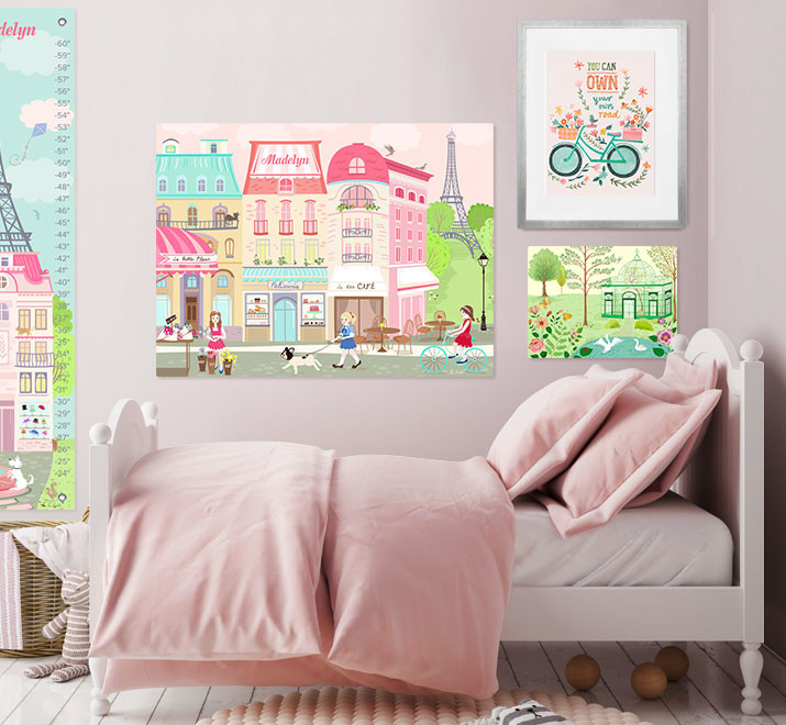 Inspiration for a transitional girl white floor and light wood floor kids' room remodel in San Diego with gray walls