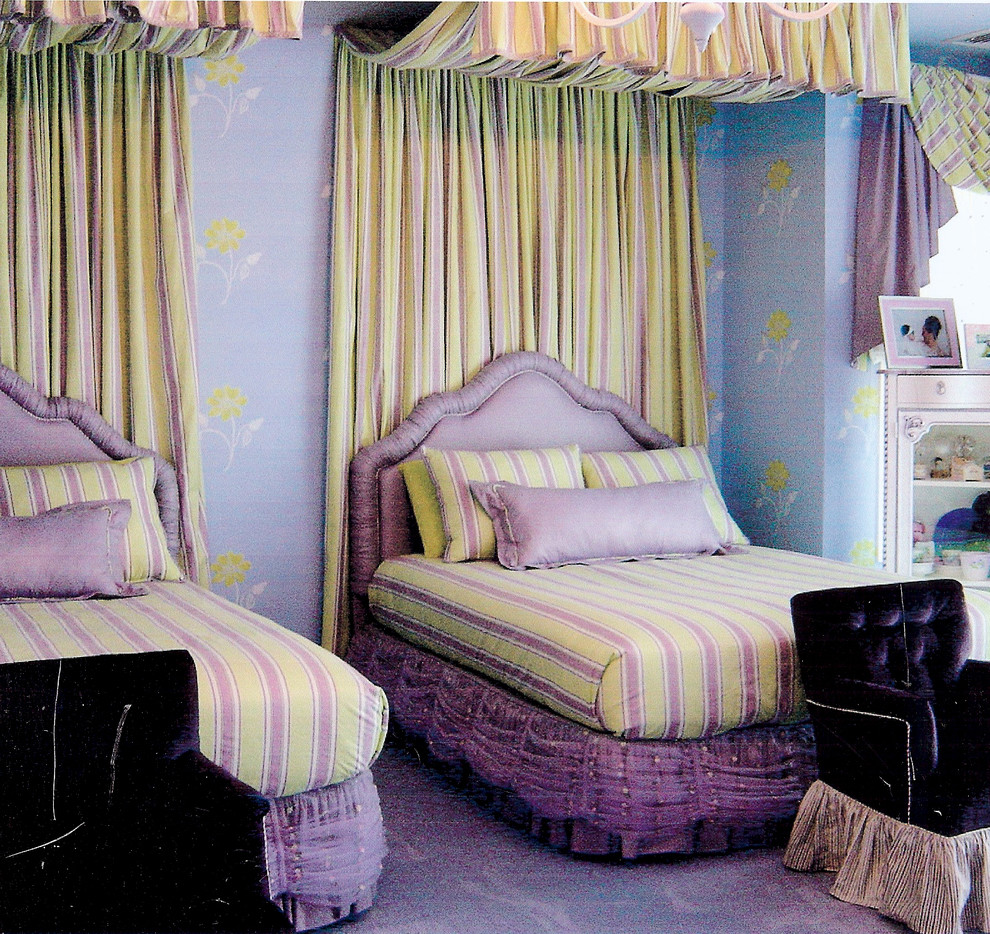 This is an example of a large eclectic kids' bedroom for girls in Philadelphia with purple walls and carpet.