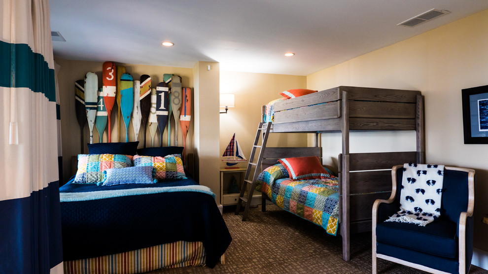 Photo of a beach style kids' bedroom in Other with yellow walls, carpet and brown floors.