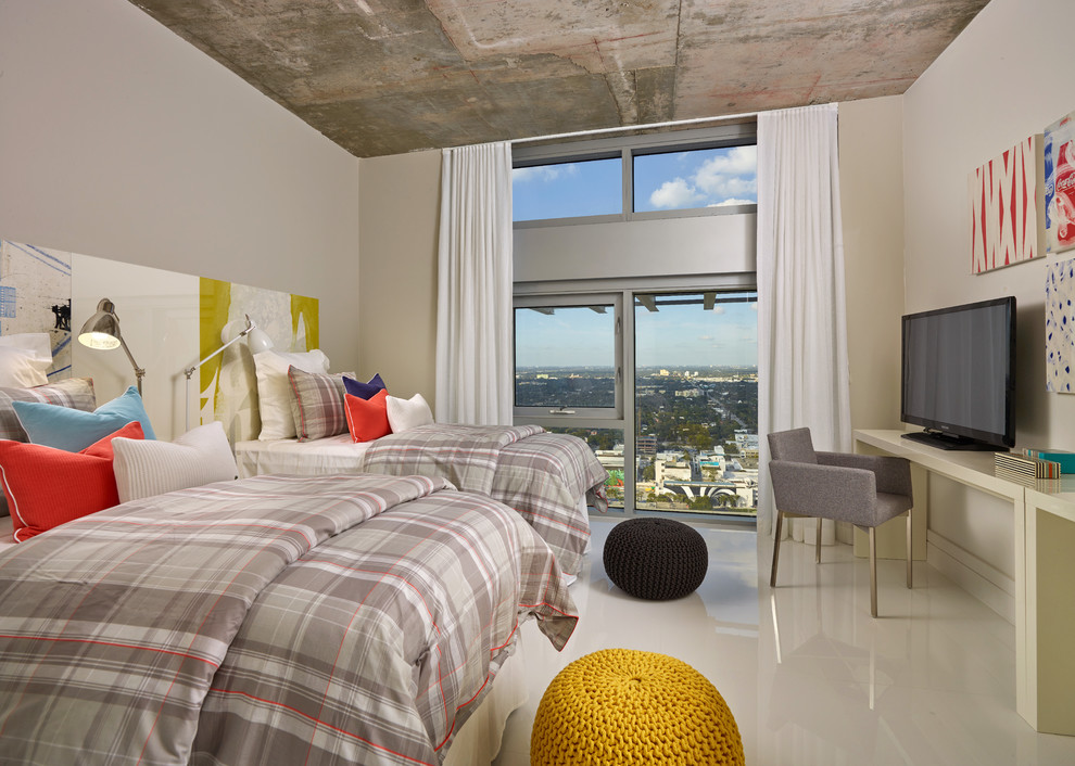 Trendy gender-neutral white floor kids' bedroom photo in Miami with beige walls