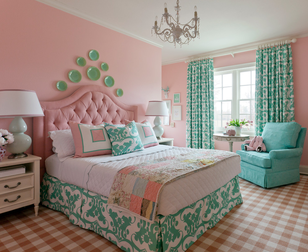 Inspiration for a large classic children’s room for girls in Little Rock with pink walls and carpet.