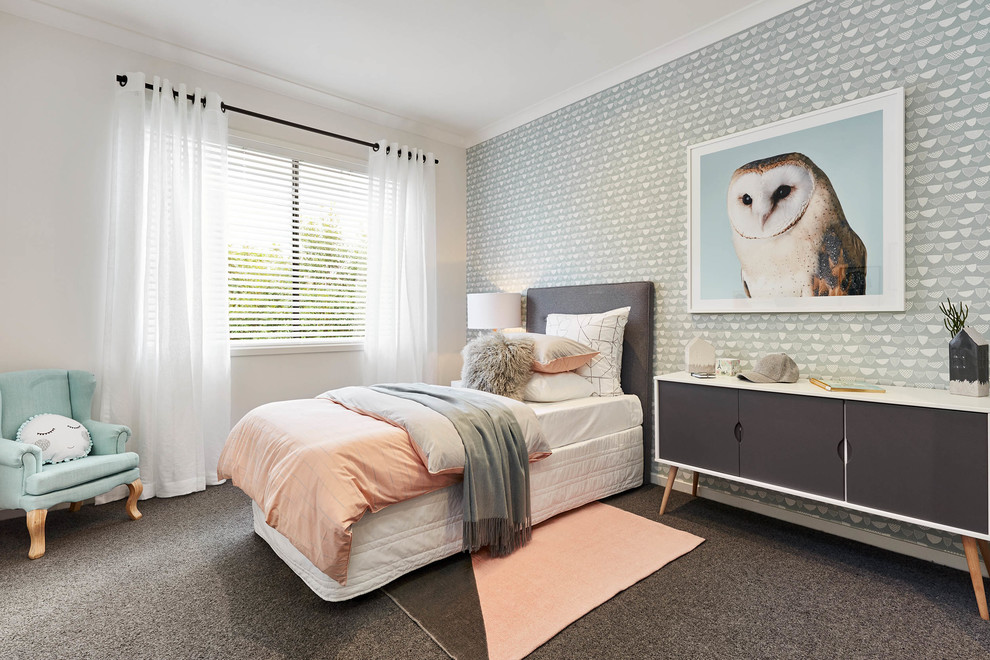 Inspiration for a contemporary kids' bedroom for girls in Melbourne with multi-coloured walls and carpet.