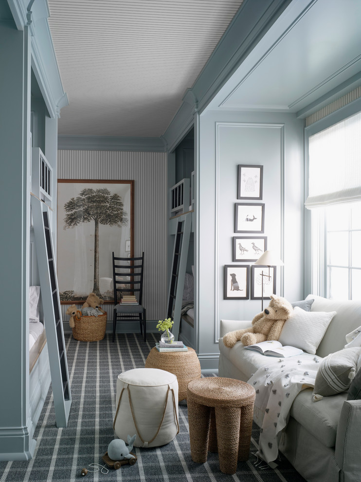 Inspiration pour une chambre d'enfant rustique avec un mur bleu, moquette, un sol gris et un lit superposé.