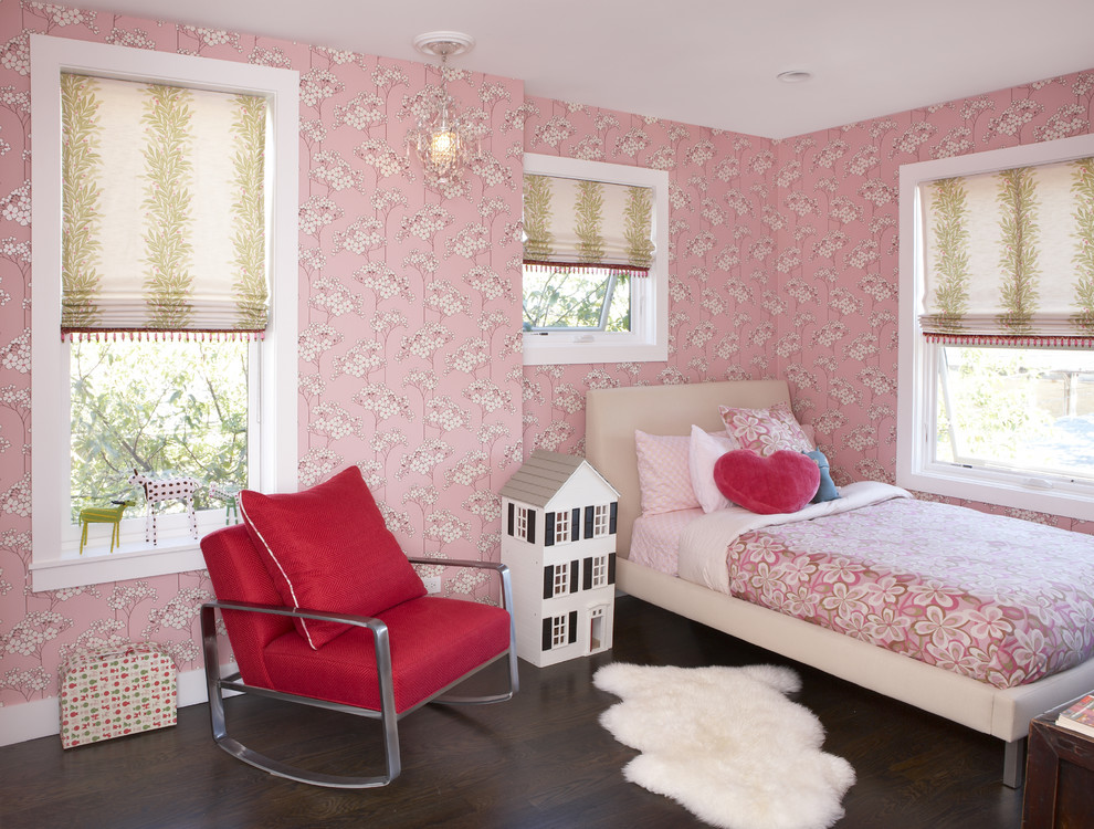 Example of a classic girl dark wood floor kids' room design in Chicago with multicolored walls