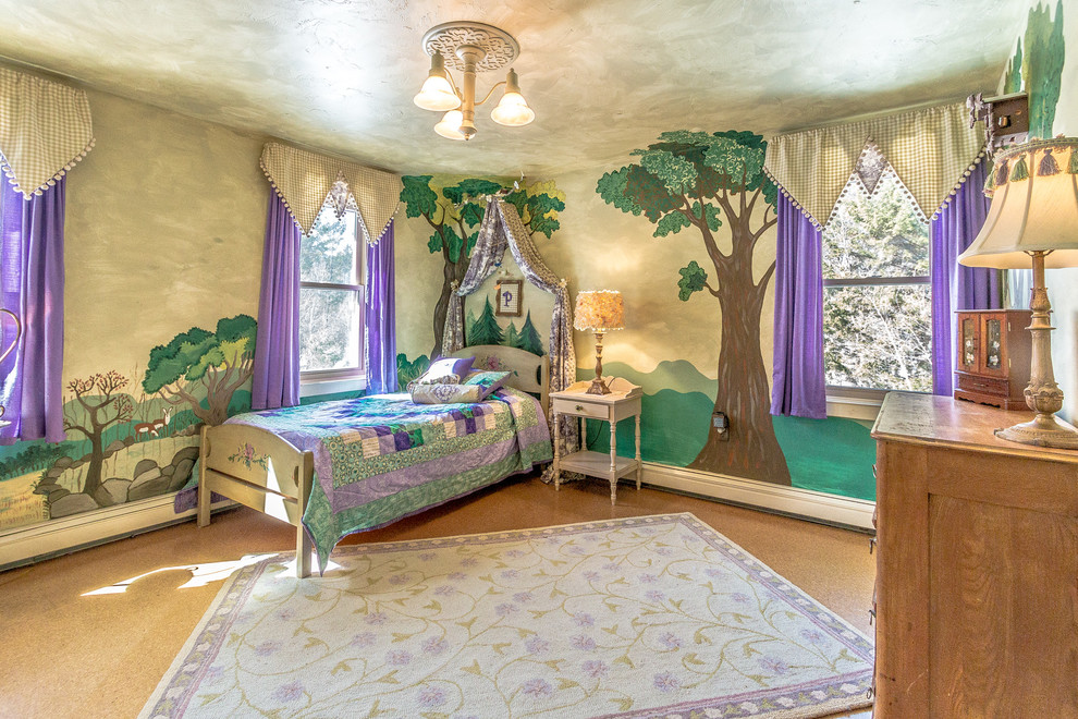 Photo of a medium sized bohemian children’s room for girls in Portland Maine with green walls, cork flooring and brown floors.