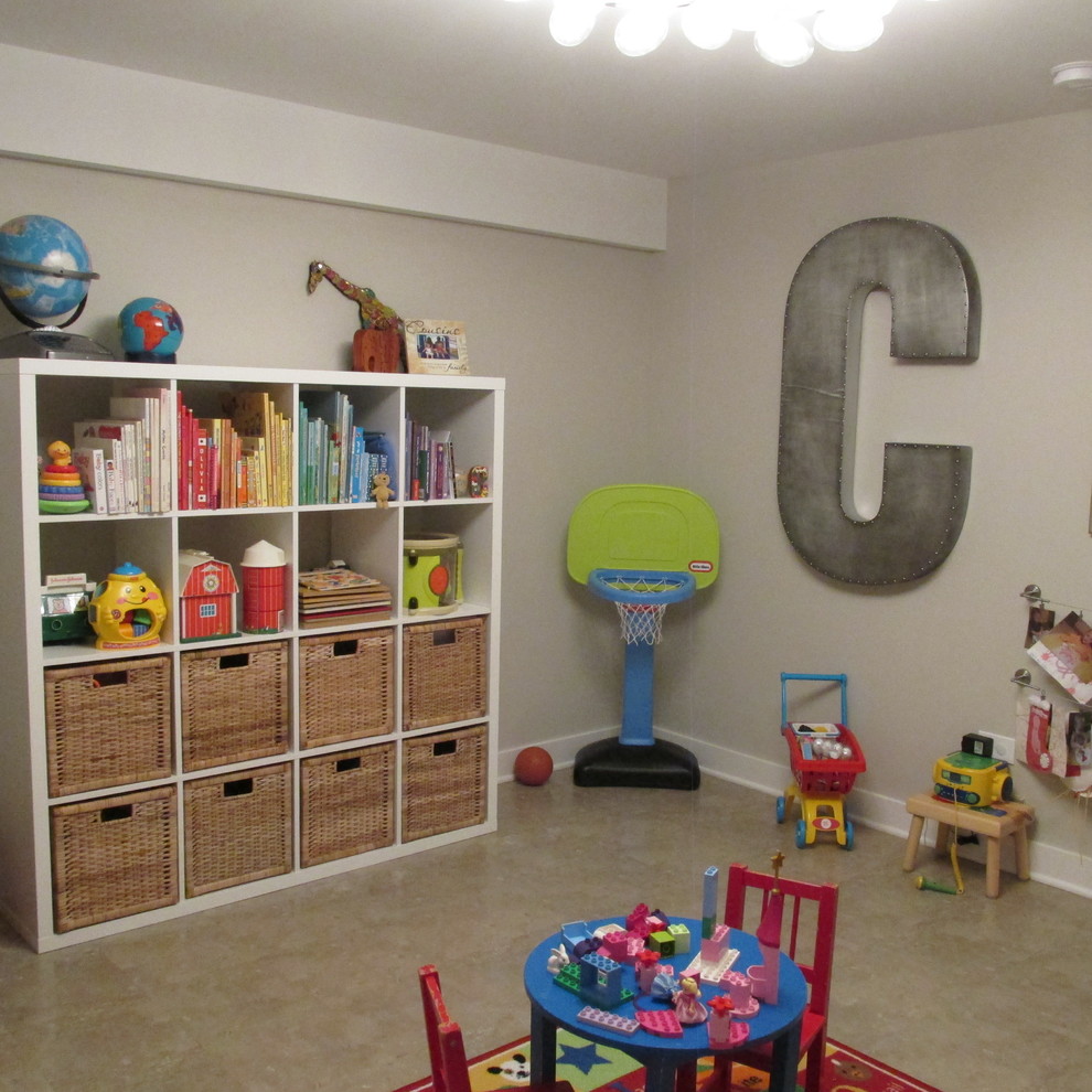 Kids' room - mid-sized eclectic gender-neutral kids' room idea in Chicago with gray walls