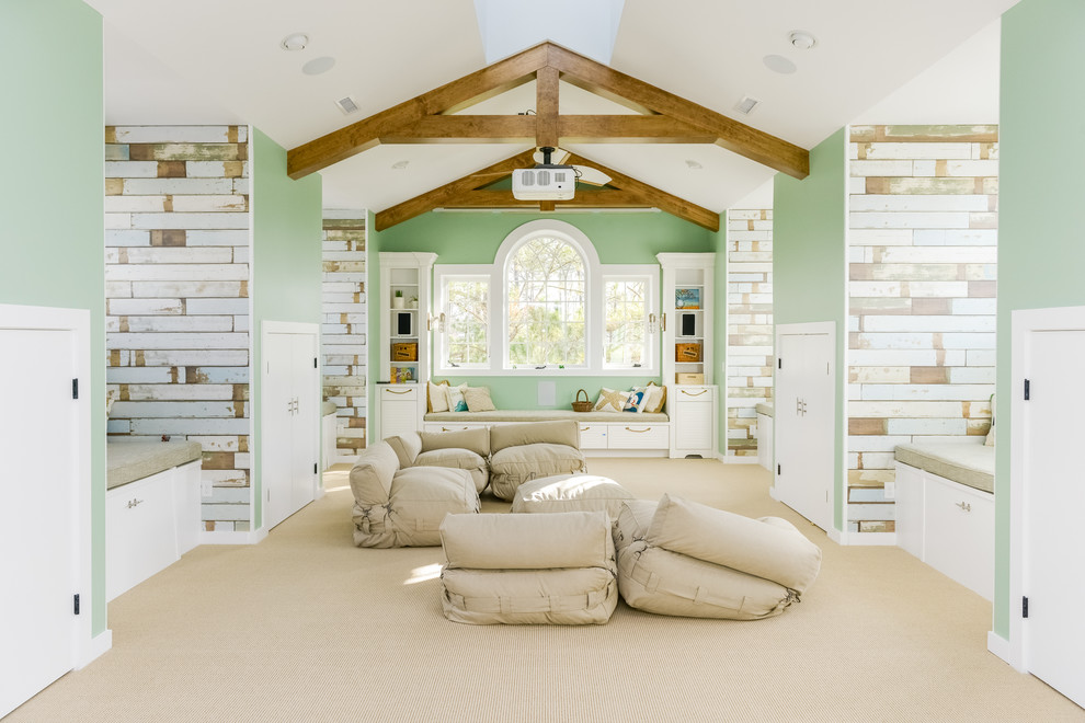 Beach style gender-neutral carpeted and beige floor playroom photo in Other with multicolored walls