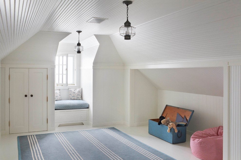 Photo of a medium sized nautical gender neutral kids' bedroom in Boston with white walls and painted wood flooring.