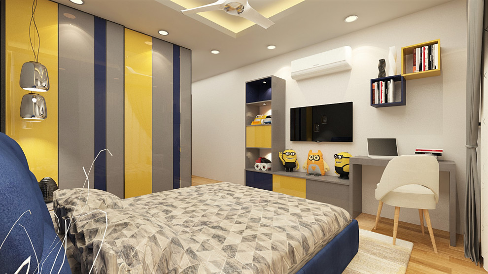 Bild på ett funkis könsneutralt barnrum kombinerat med sovrum och för 4-10-åringar, med beige väggar, mellanmörkt trägolv och brunt golv