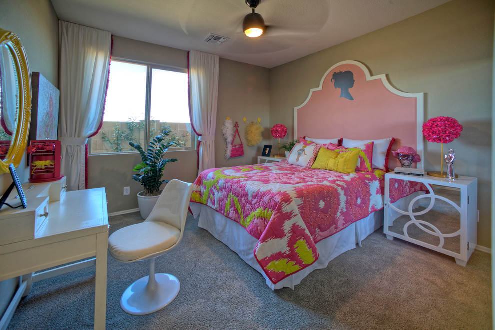 This is an example of a medium sized contemporary children’s room for girls in Phoenix with beige walls and carpet.