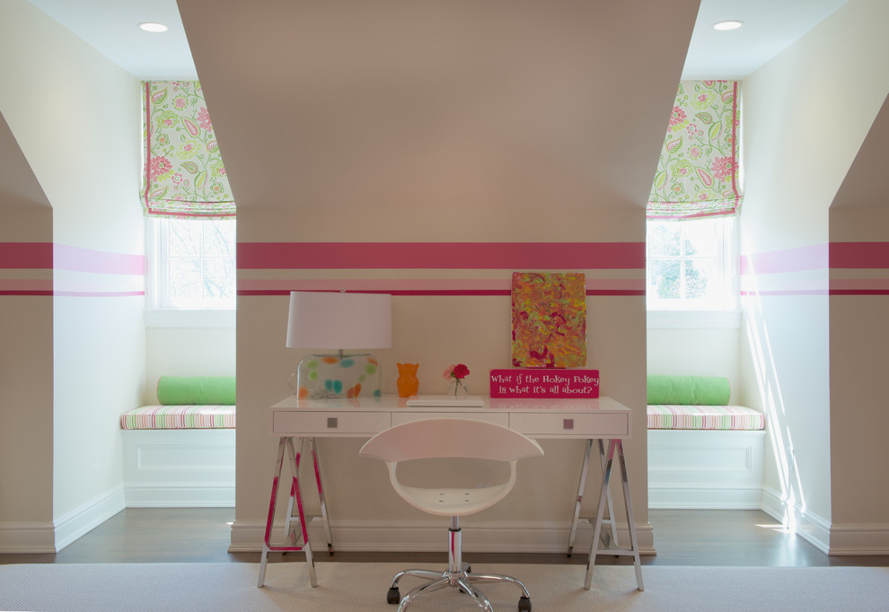 This is an example of a large contemporary teen’s room for girls in New York with multi-coloured walls and carpet.