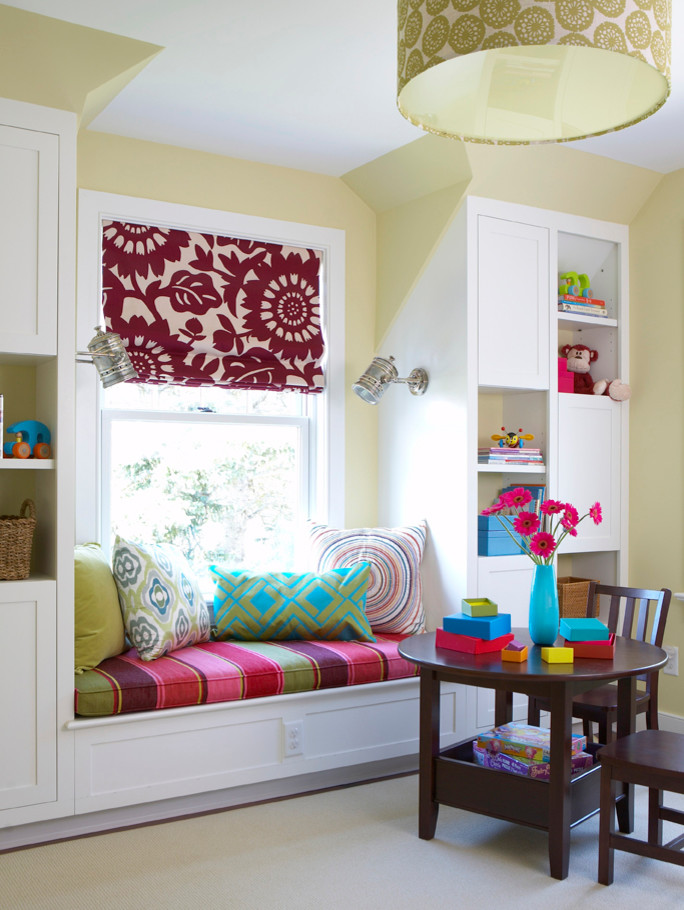 Design ideas for a nautical kids' bedroom for girls in Boston with carpet and yellow walls.