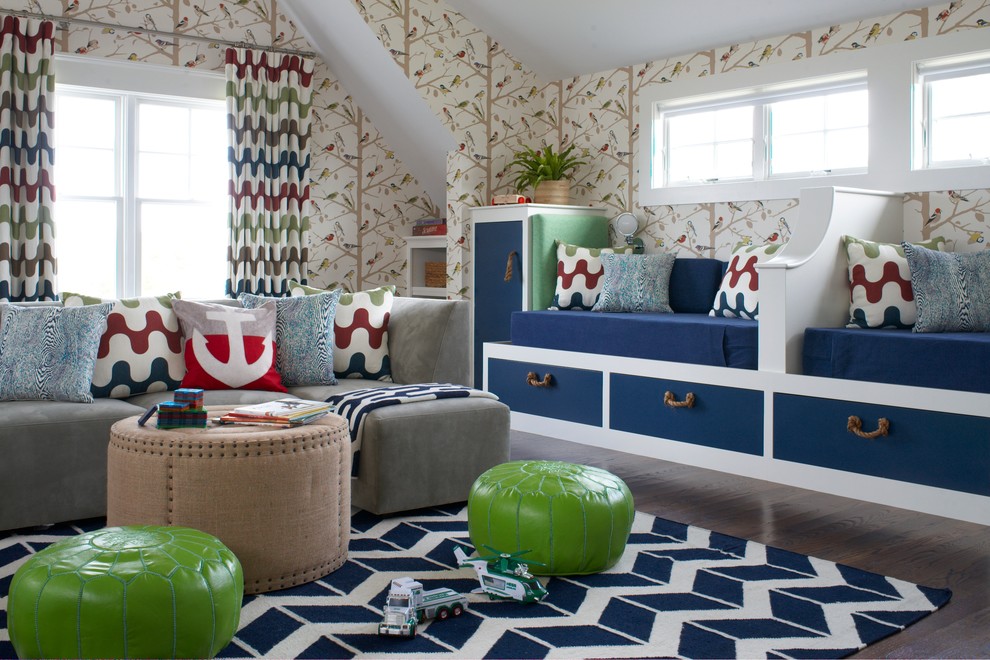 Photo of a large beach style gender neutral playroom in Providence with multi-coloured walls and dark hardwood flooring.