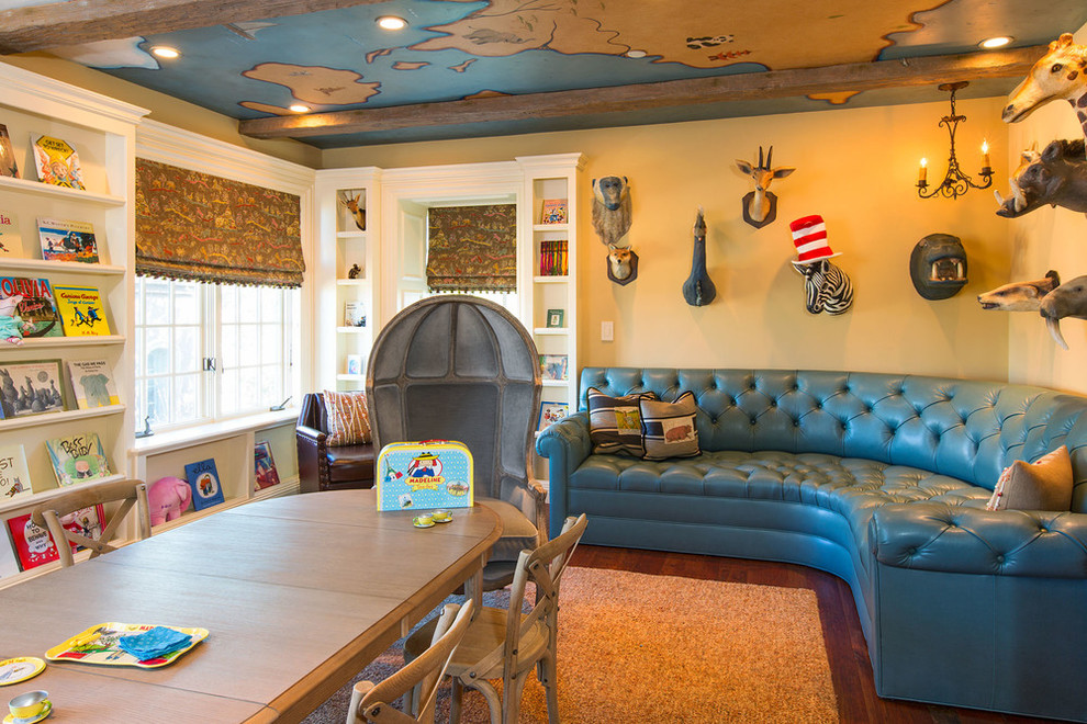This is an example of a victorian gender neutral playroom in Santa Barbara with yellow walls and dark hardwood flooring.