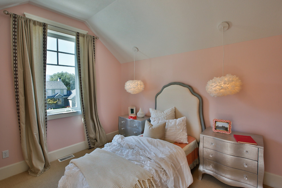 Large classic children’s room for girls in Salt Lake City with pink walls and carpet.