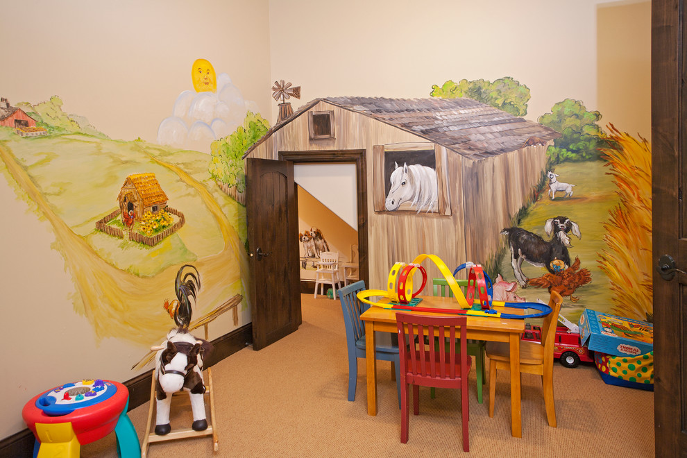 Réalisation d'une chambre d'enfant de 4 à 10 ans chalet avec un mur multicolore et moquette.