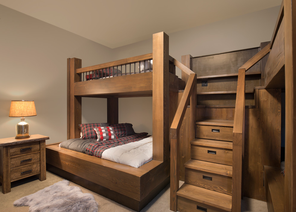 Modelo de dormitorio infantil de 4 a 10 años rural con paredes grises, moqueta y suelo gris