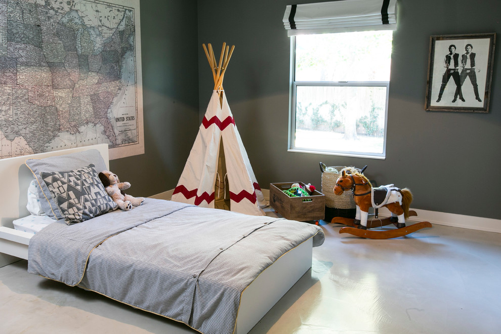 Design ideas for a contemporary kids' bedroom in Austin with grey walls.