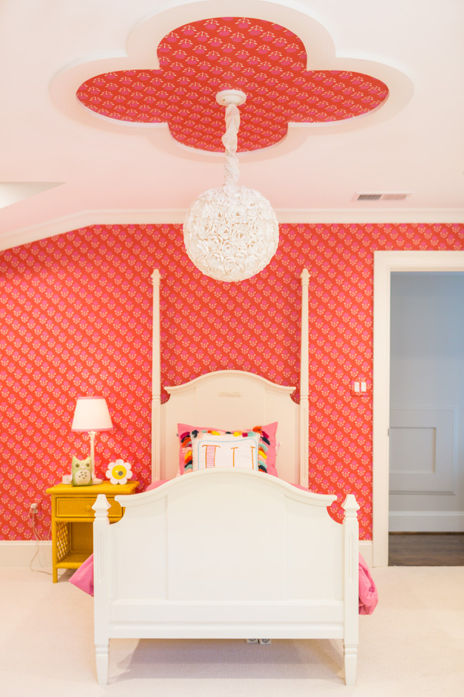 Photo of a large traditional children’s room for girls in Charlotte with grey walls and carpet.