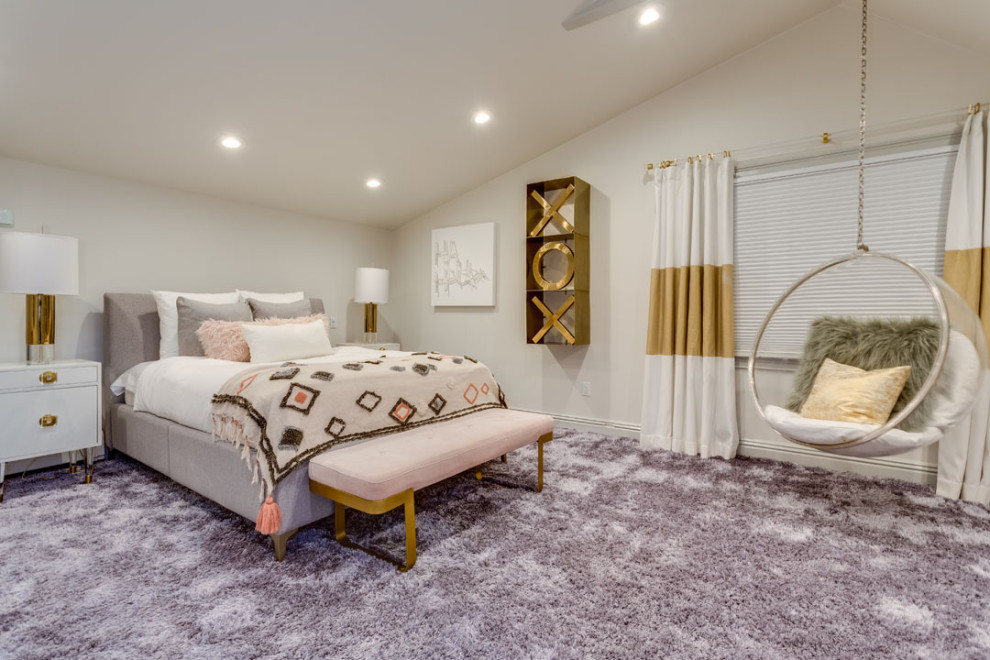 Ejemplo de dormitorio infantil minimalista grande con paredes grises, moqueta y suelo gris