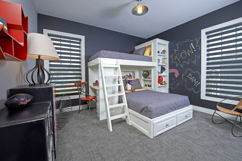 Photo of a medium sized contemporary kids' bedroom for boys in Columbus with grey walls and carpet.