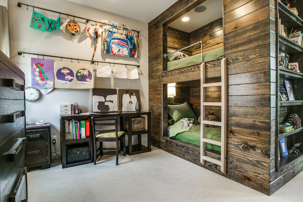 Idée de décoration pour une chambre d'enfant champêtre avec un mur gris, moquette et un lit superposé.