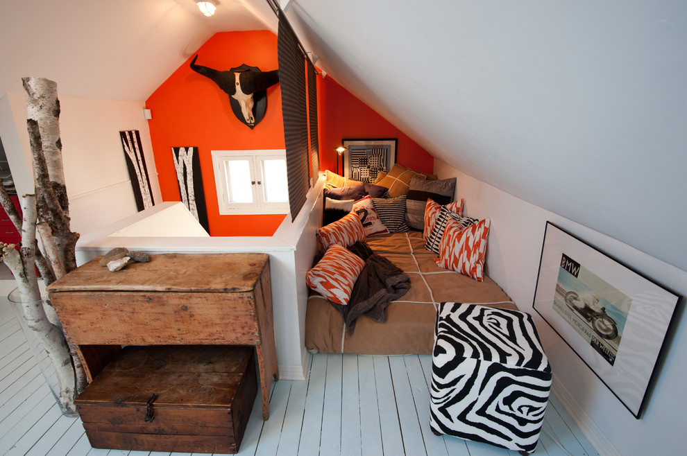 Example of a mountain style boy painted wood floor and white floor teen room design in Ottawa with multicolored walls