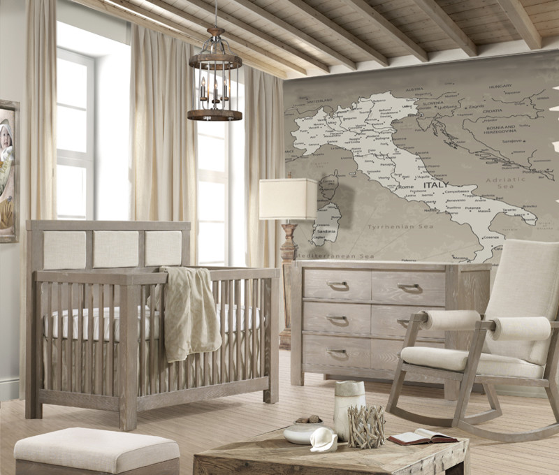 Design ideas for a large rustic gender neutral nursery in New York with beige walls and light hardwood flooring.