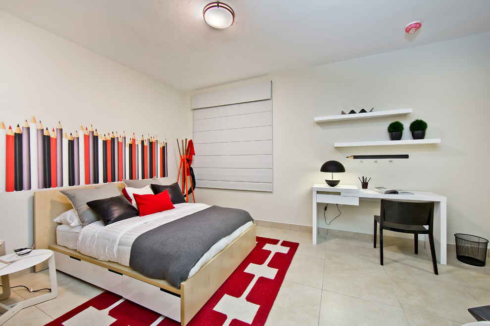 Modern inredning av ett könsneutralt tonårsrum kombinerat med sovrum, med vita väggar