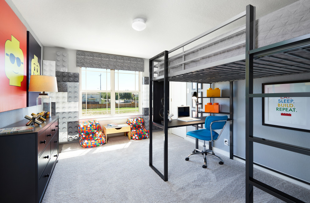 Idee per una cameretta per bambini chic di medie dimensioni con pareti blu, moquette e pavimento grigio